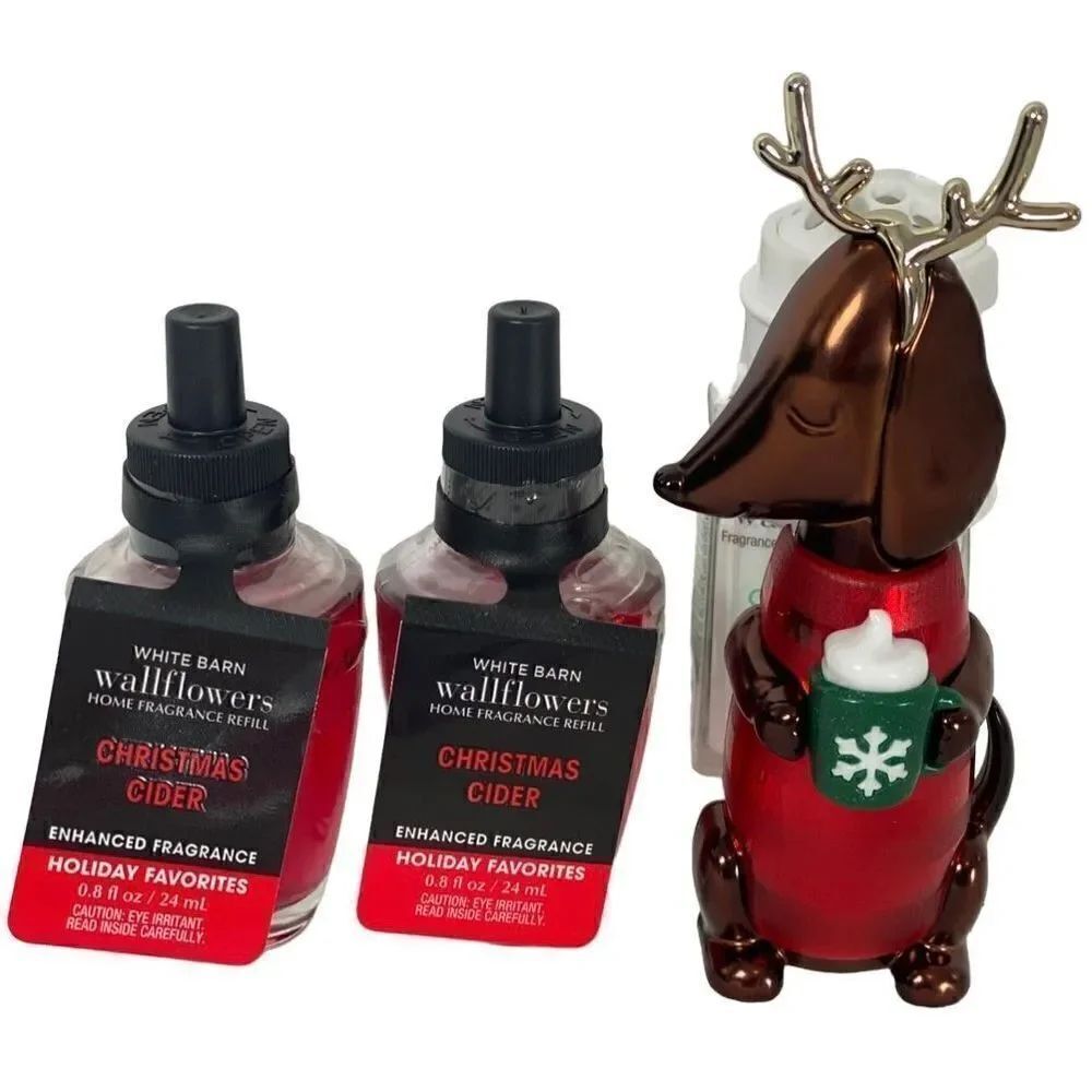 Bath and Body Works Dog with Antlers Wallflower & 2 CHRISTMAS CIDER Refills